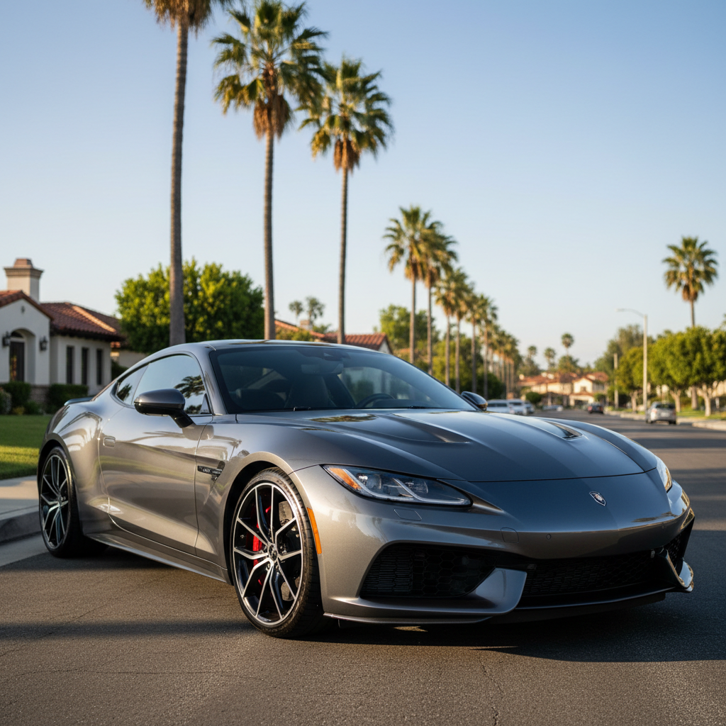 A high-end dark gray sports coupe parked curbside in an upscale Southern California neighborhood, shown immediately after a full mobile detail. The paint appears glassy and deeply reflective, with palm trees and a blue sky sharply mirrored in the surface. The wheels, calipers, and tires are immaculately clean, and the glass is perfectly clear. Soft late-afternoon sunlight creates a warm, professional atmosphere, accentuating body lines and curves. Photographic realism, captured from a low-angle three-quarter front view, using a shallow depth of field to keep the car in razor-sharp focus while the street, houses, and landscaping melt into a tasteful blur. The image emphasizes premium quality, mobile convenience, and meticulous workmanship without any visible people or branding.