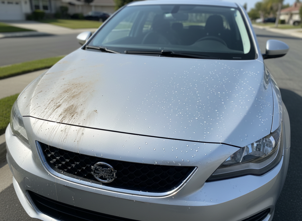 A metallic silver compact car with one side of the hood and front bumper covered in road grime, insect residue, and light swirl marks, contrasted sharply with the other side freshly detailed, coated, and beading water in tight, uniform droplets. The car is positioned on a suburban Southern California street with neatly trimmed lawns and a soft blue sky reflected in the clean paint. Bright, diffused midday sunlight enhances the clarity of reflections and the contrast between dirty and pristine surfaces. Photographic realism, captured from a three-quarter front angle at eye level, with sharp focus on the paint surface and subtle background blur, conveying a professional, results-driven mobile detailing service.
