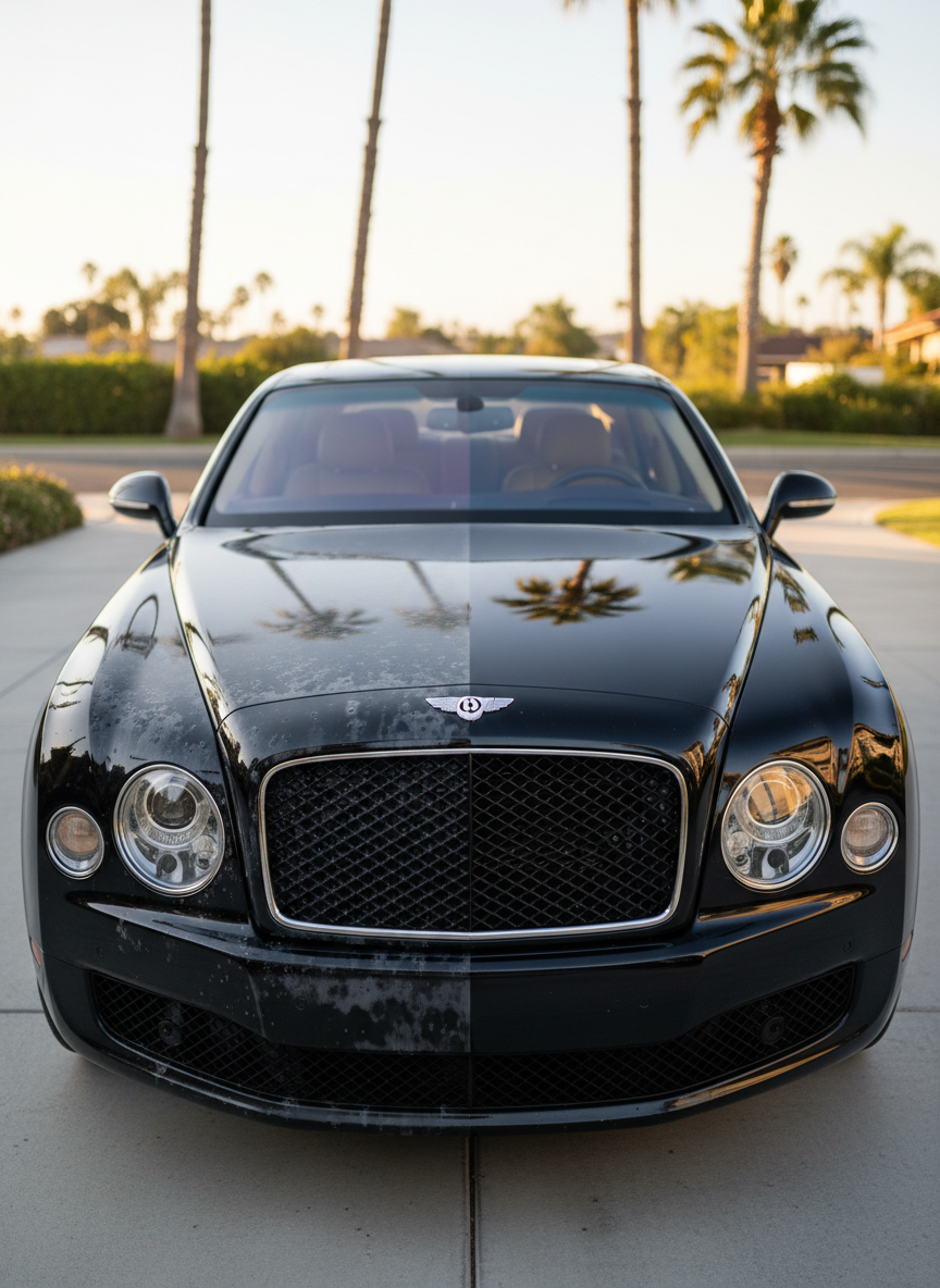 A glossy black luxury sedan with half the hood and front fender covered in dull oxidation and water spots, and the other half machine-polished to a mirror-like shine, creating a dramatic before-and-after comparison. The car is parked in a clean Southern California driveway with smooth concrete and a few blurred palm trees in the distant background. Late afternoon natural light creates crisp reflections in the freshly corrected paint, emphasizing depth and clarity. Photographic realism, eye-level composition with a tight, horizontal crop focuses on the paintwork, using a shallow depth of field so the background softly falls away, reinforcing a professional, high-end mobile detailing result.