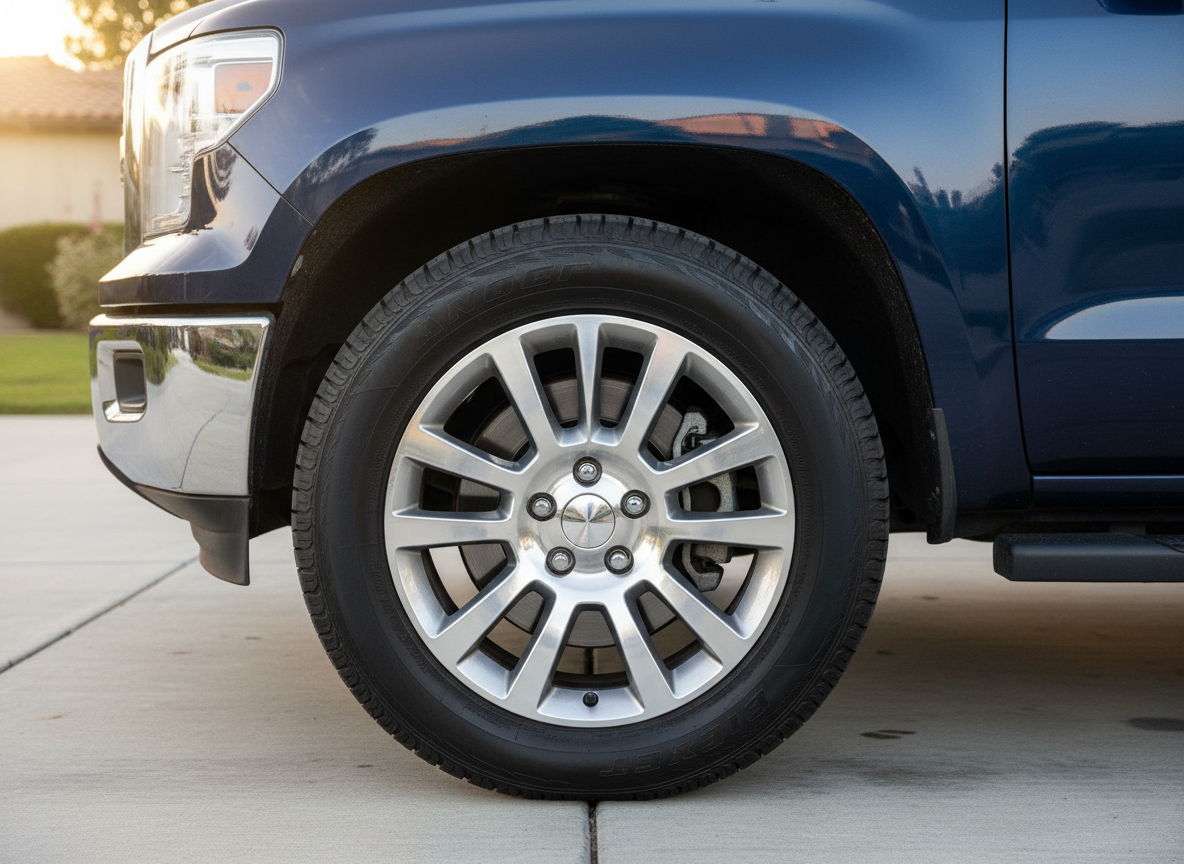 A close-up, photographic-realistic shot of a dark blue pickup truck’s wheel and fender area, showing a dramatic before-and-after transformation. On the left, the wheel is coated with brake dust and the tire appears faded and gray; on the right, the wheel is meticulously cleaned with crisp metallic spokes and the tire restored to a deep, rich black with a subtle satin finish. The truck is parked on a clean driveway under warm Southern California evening light, with golden hour sunlight creating defined highlights on the polished metal and glossy paint. Captured from a low, angled perspective, with the wheel centered in the frame and a shallow depth of field, the mood is professional and precise, emphasizing attention to detailing work.