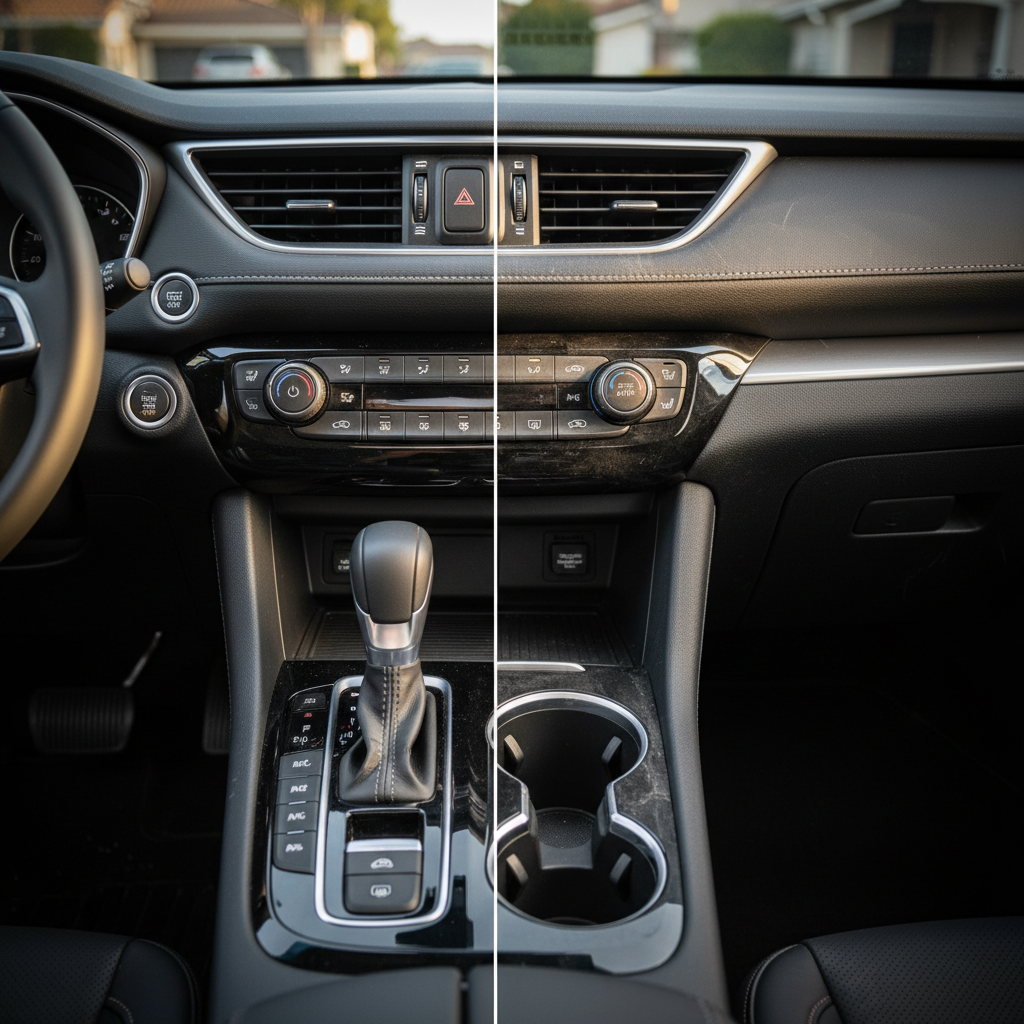 A realistic, close-up overhead shot of a center console and dashboard in a modern crossover after comprehensive interior detailing. The black piano-gloss trim is completely free of fingerprints and swirls, the climate controls and cupholders are spotless, and the textured soft-touch plastics look factory-fresh. A subtle before-and-after line across the frame shows a previously dusty, smudged section for comparison. Natural daylight from open doors in a Southern California driveway streams in from the sides, creating soft highlights along the edges of buttons and vents. The composition is clean and modern, with sharp focus on the detailing work and a gentle vignette around the edges, reinforcing precision, cleanliness, and professional mobile service.