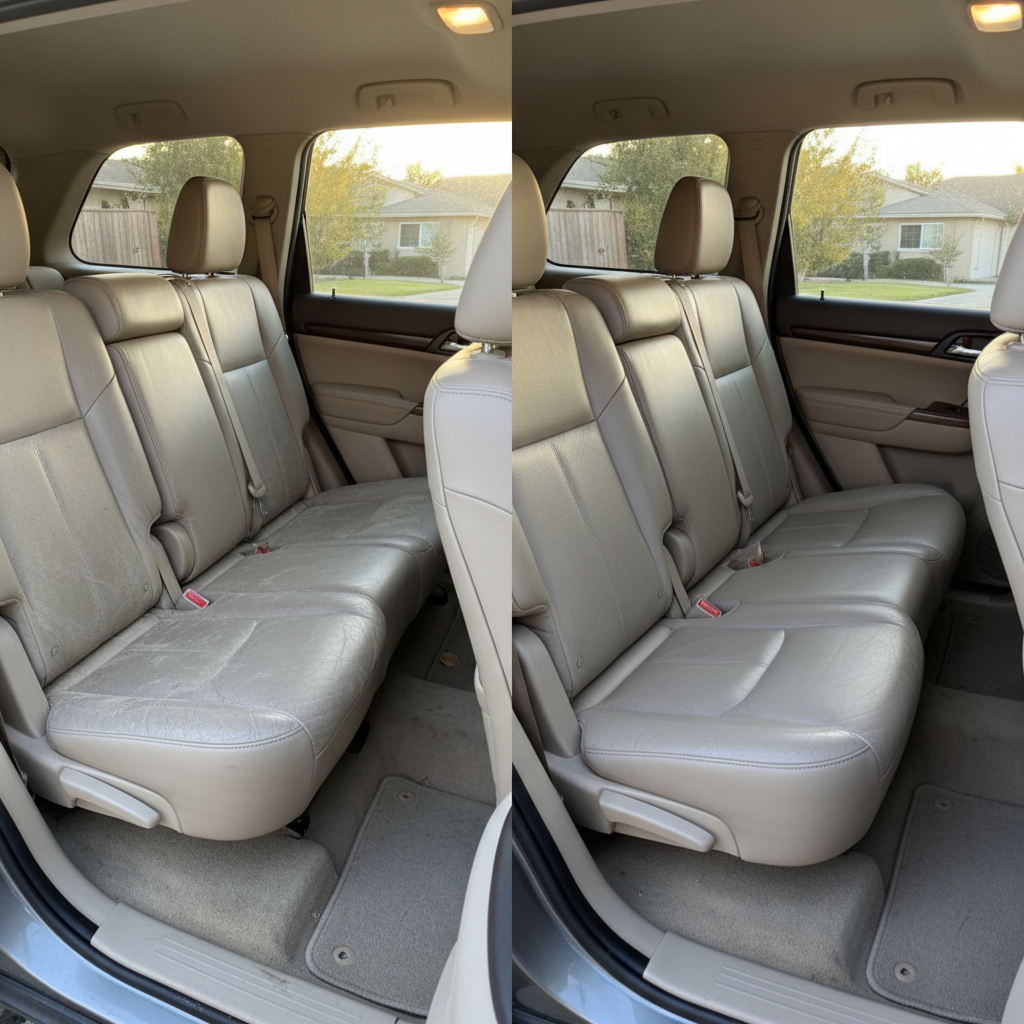 The interior of a mid-size SUV, split visually into a before-and-after scene: on the left, lightly soiled beige leather seats with visible creases and dusty trim; on the right, the same seats meticulously cleaned and conditioned, appearing supple, rich in color, and satin-matte. The vehicle is parked in a sunlit Southern California residential area, with soft daylight filtering through open doors and windows, creating gentle highlights along the refreshed leather and plastic surfaces. Shot from the rear passenger side at an elevated angle, photographic realism, showcasing crisp details in stitching and textures. The mood is fresh and hygienic, with a clean, modern aesthetic that highlights the tangible results of professional mobile interior detailing.