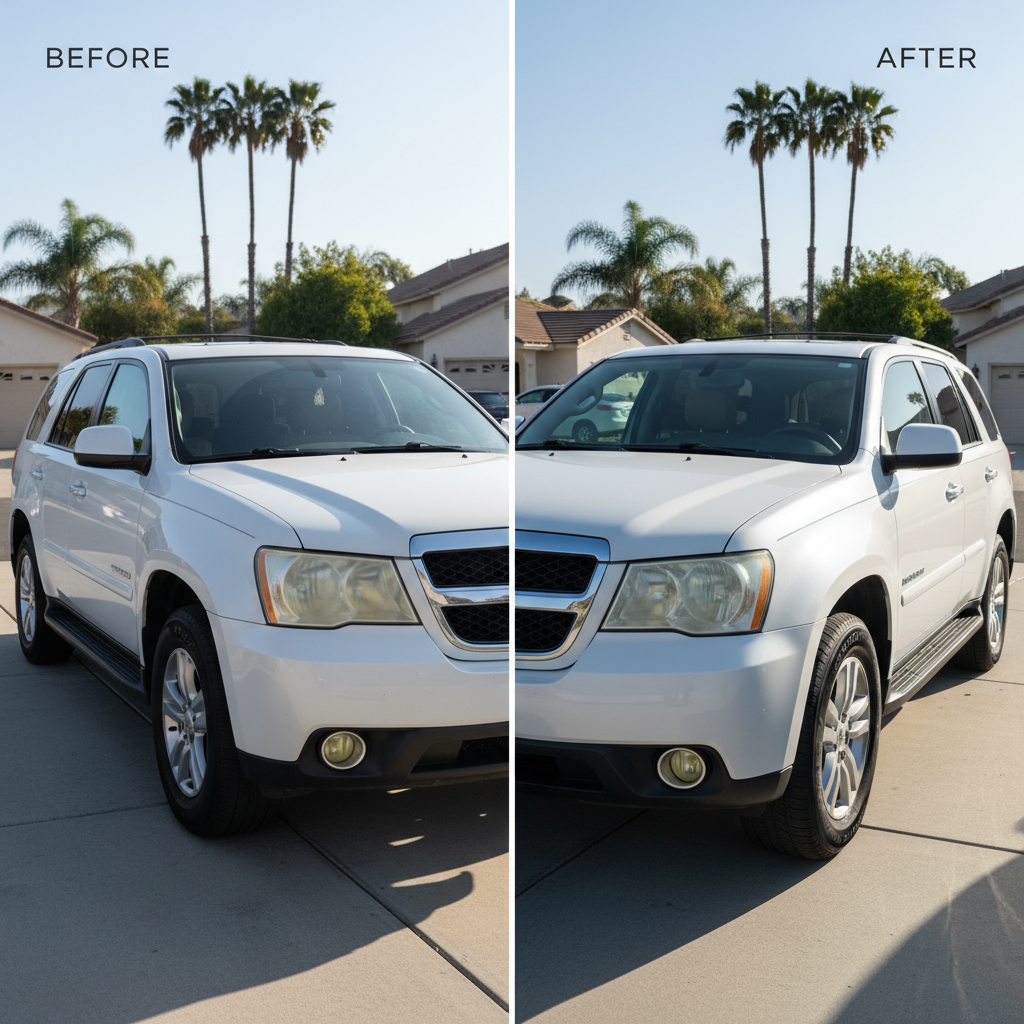 A full view of a white family SUV parked in a bright, open Southern California driveway, presented as a split-image style before-and-after: the left half slightly dull, with light dust, window streaks, and hazy headlights; the right half intensely bright, with crystal-clear glass, restored headlight lenses, and crisp reflections along the body panels. Soft, clear morning sunlight illuminates the entire vehicle, creating well-defined, natural highlights and subtle shadows under the car. Photographic realism, shot from a slightly elevated three-quarter front angle to showcase both front and side surfaces. The background remains gently out of focus, featuring hints of stucco homes and palm trees, reinforcing a clean, professional mobile detailing service that comes to residential neighborhoods.