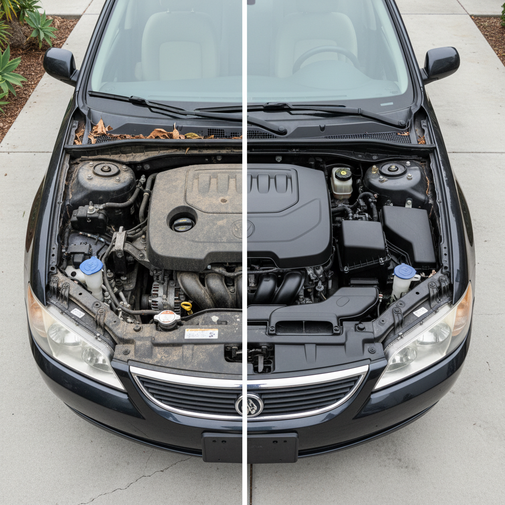 The engine bay of a mid-range sedan presented in a clear before-and-after layout: one side with dusty plastic covers, light grease, and leaves trapped near the cowl; the other side meticulously cleaned and dressed, with deep black plastics and neatly defined components. The car is parked outdoors in a typical Southern California driveway, with neutral concrete and a faint hint of greenery in the background. Diffused overcast or shaded daylight provides even, shadow-free illumination, highlighting the transformation without harsh glare. Photographic realism, shot from directly above with a centered composition and sharp focus throughout the frame, conveying a technical, professional mood that showcases the thoroughness of mobile engine bay detailing.